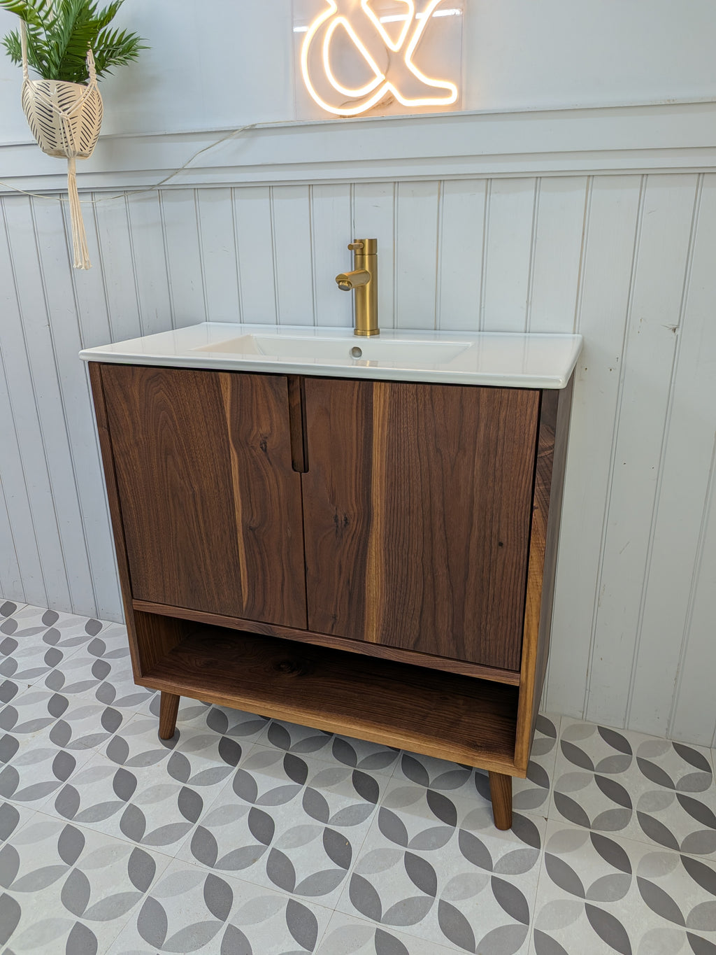 THE BURLINGTON / A Handmade Solid Walnut Bathroom Vanity Unit with Inset Ceramic Basin