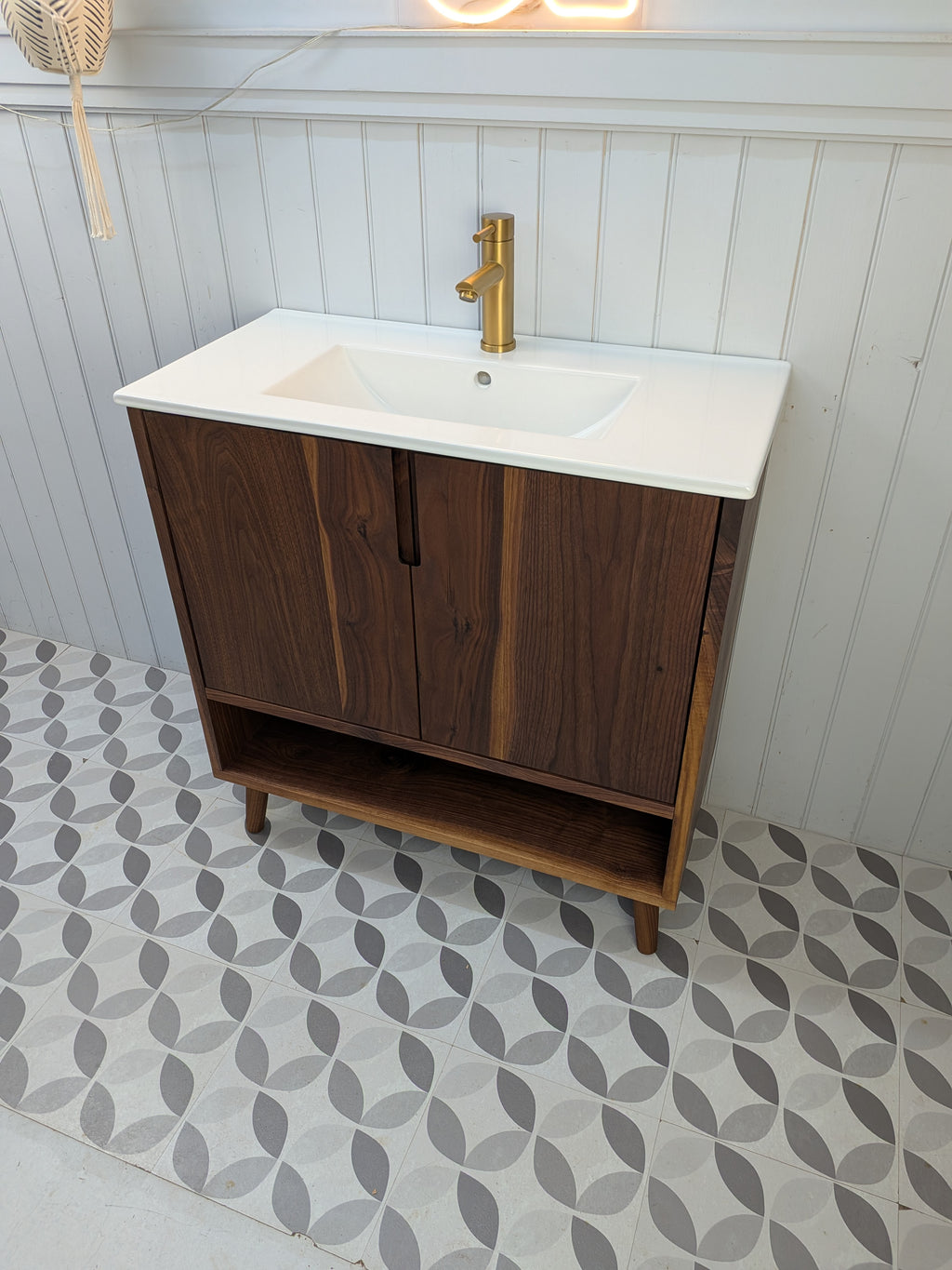 THE BURLINGTON / A Handmade Solid Walnut Bathroom Vanity Unit with Inset Ceramic Basin