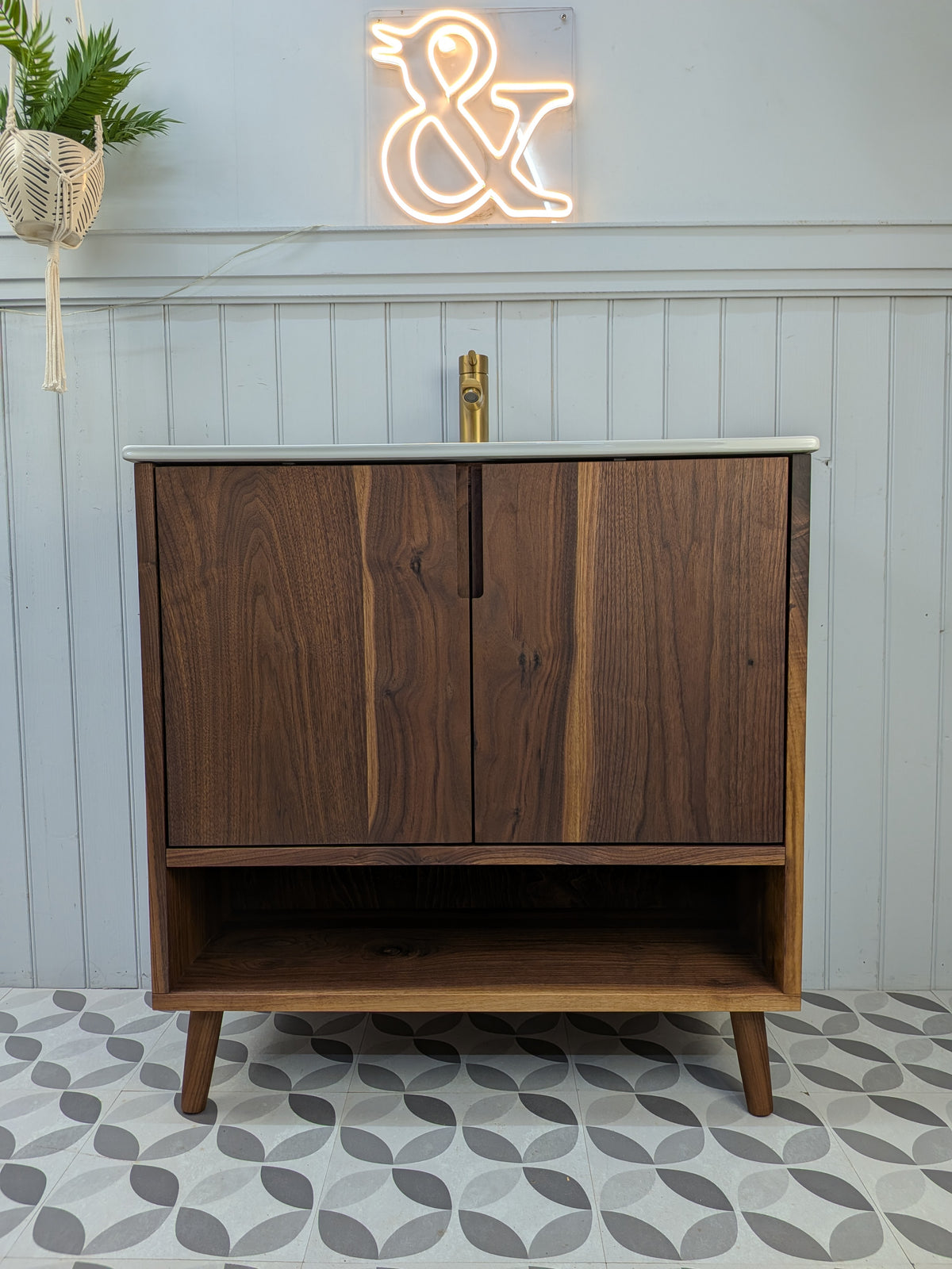THE BURLINGTON / A Handmade Solid Walnut Bathroom Vanity Unit with Inset Ceramic Basin